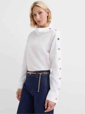 LOFT White Button-Accent Long Sleeve Top